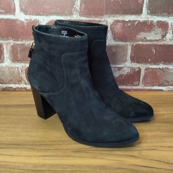 Leather Ankle Boots Womens Size 7 Anne Klein Black Suede Leather Zip Up Back - Picture 1 of 9